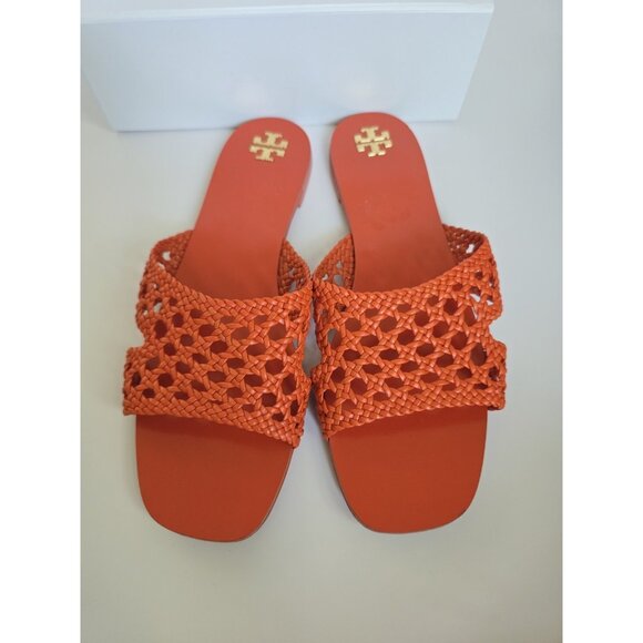 Tory Burch Orange Woven Braided Dessert Flower Leather Slip On Slide Sandals 10 - Picture 8 of 16